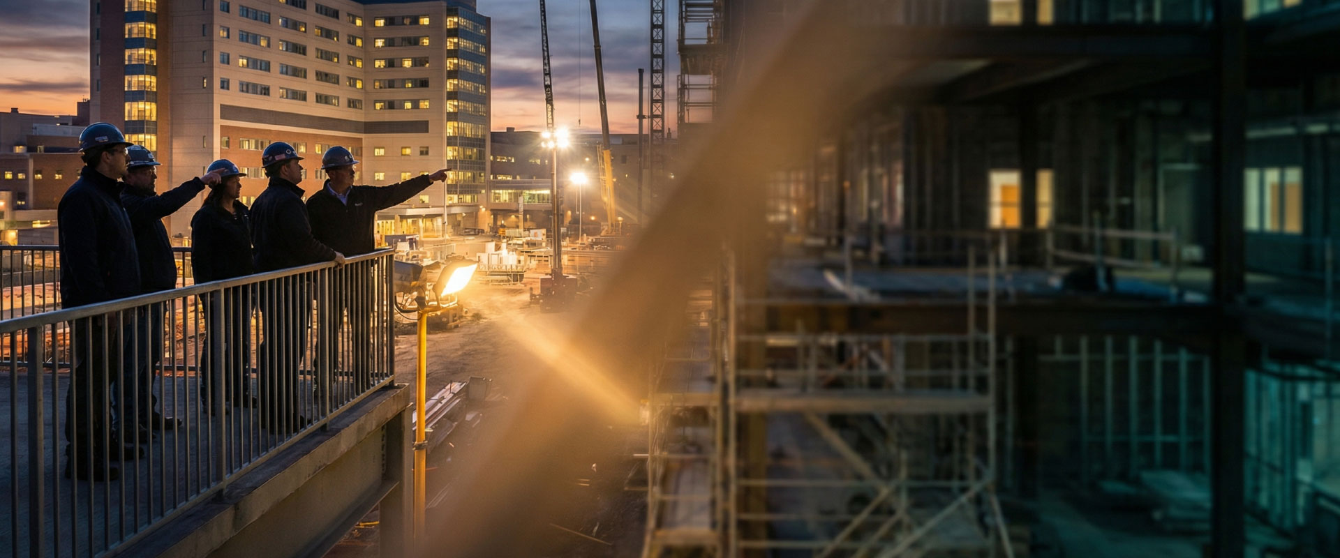 Wellmens delivery process from early workshops to live handover shown around a central project table at blue hour