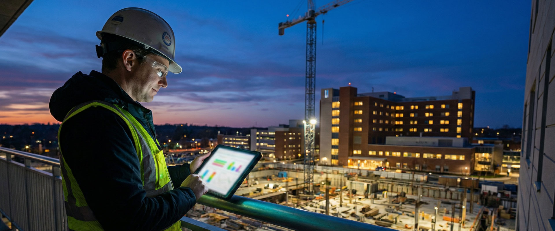 Wellmens story montage showing teams in workshops, live construction and completed healthcare spaces at blue hour