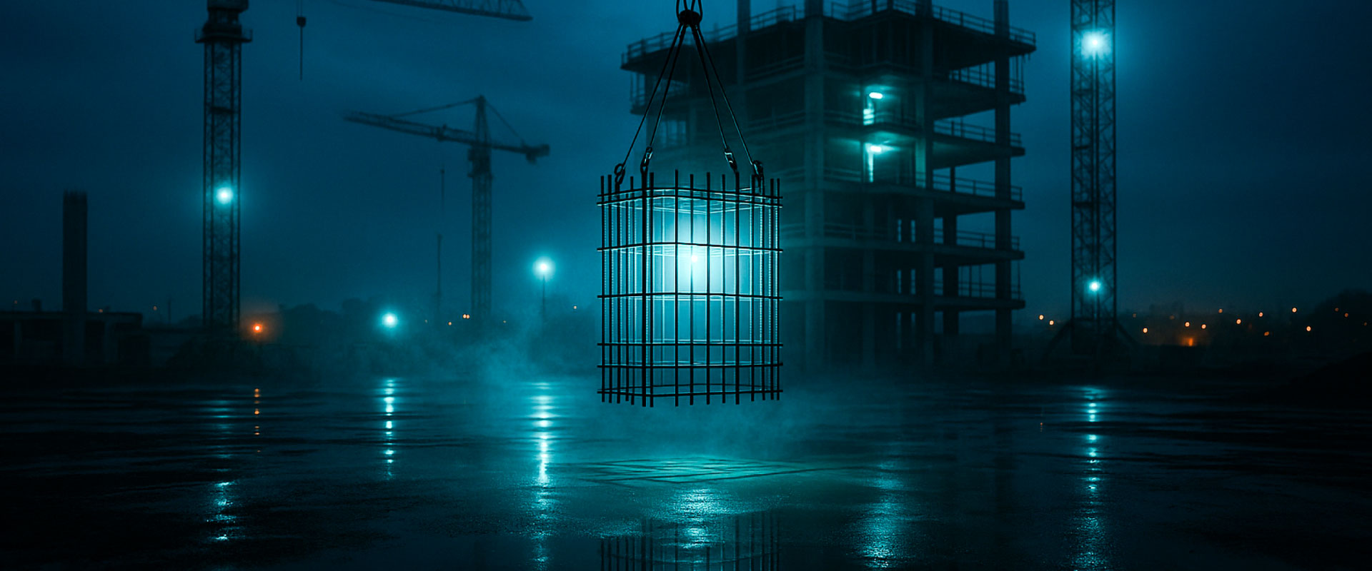 Construction delivery process with cranes, steel frame and golden-hour light