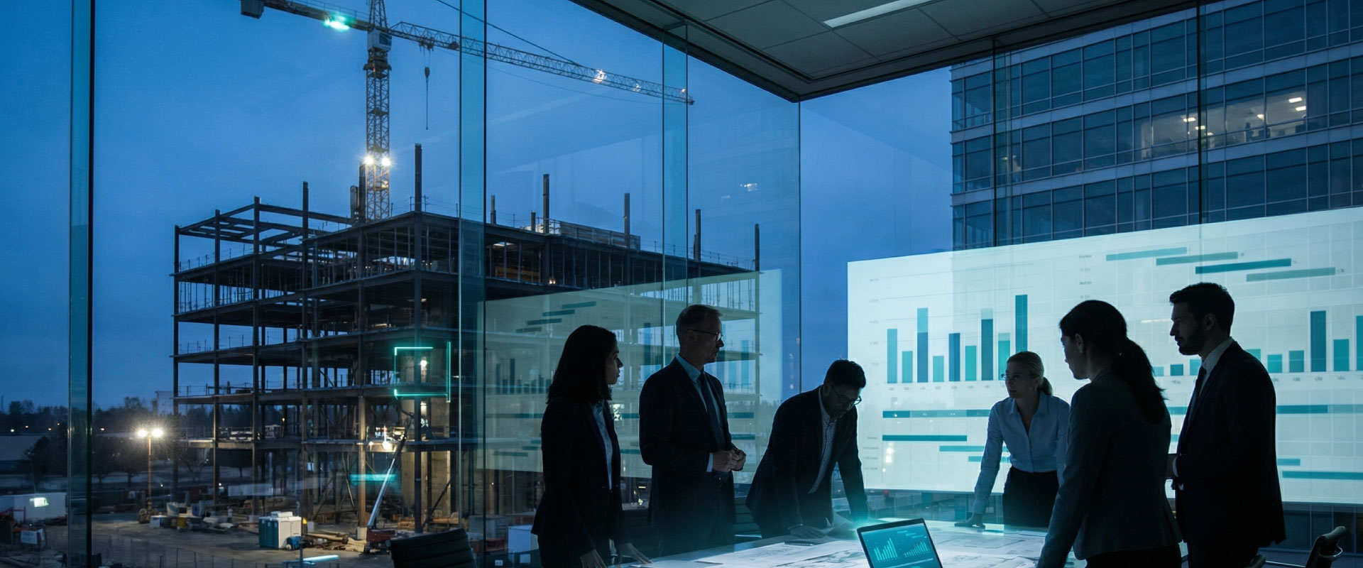 Consultancy delivery process with workshops, live construction sites and programme dashboards at blue hour