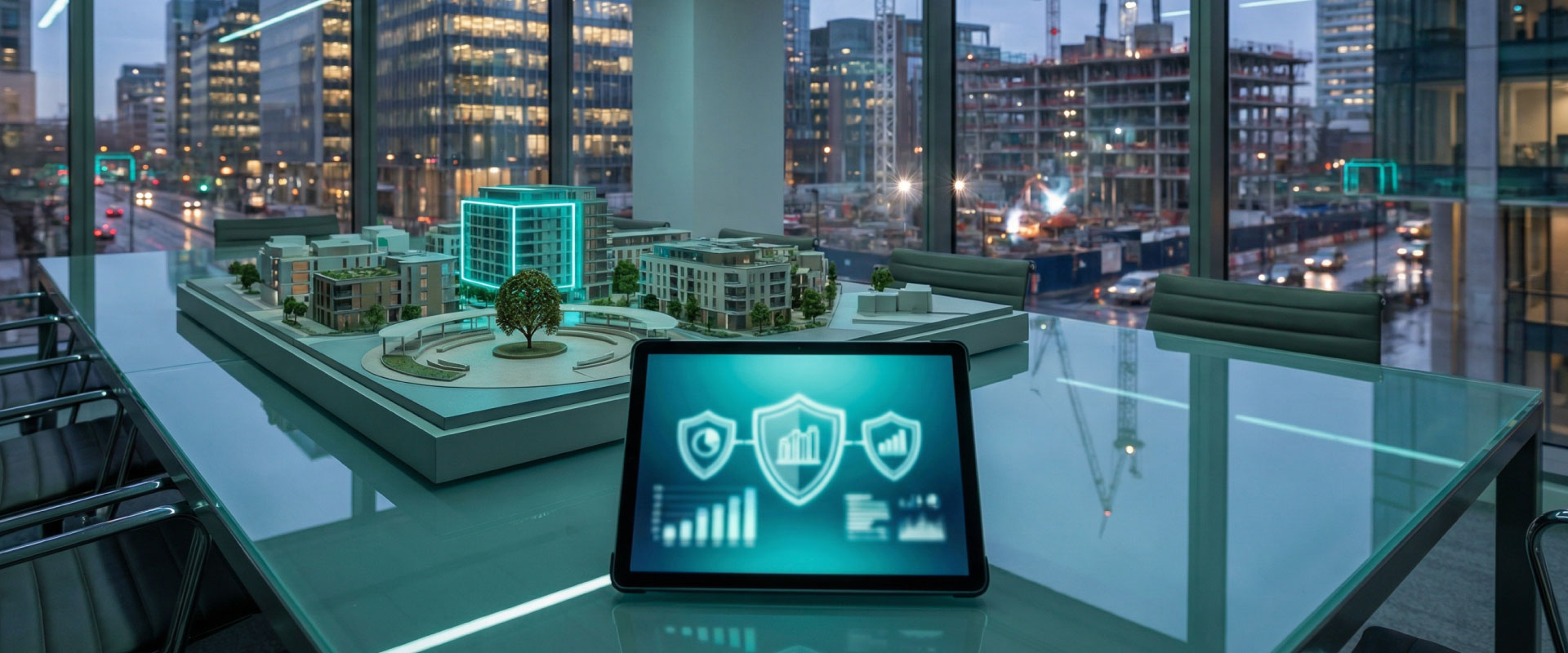 ESG delivery process with net zero models, community spaces and governance dashboards at blue hour