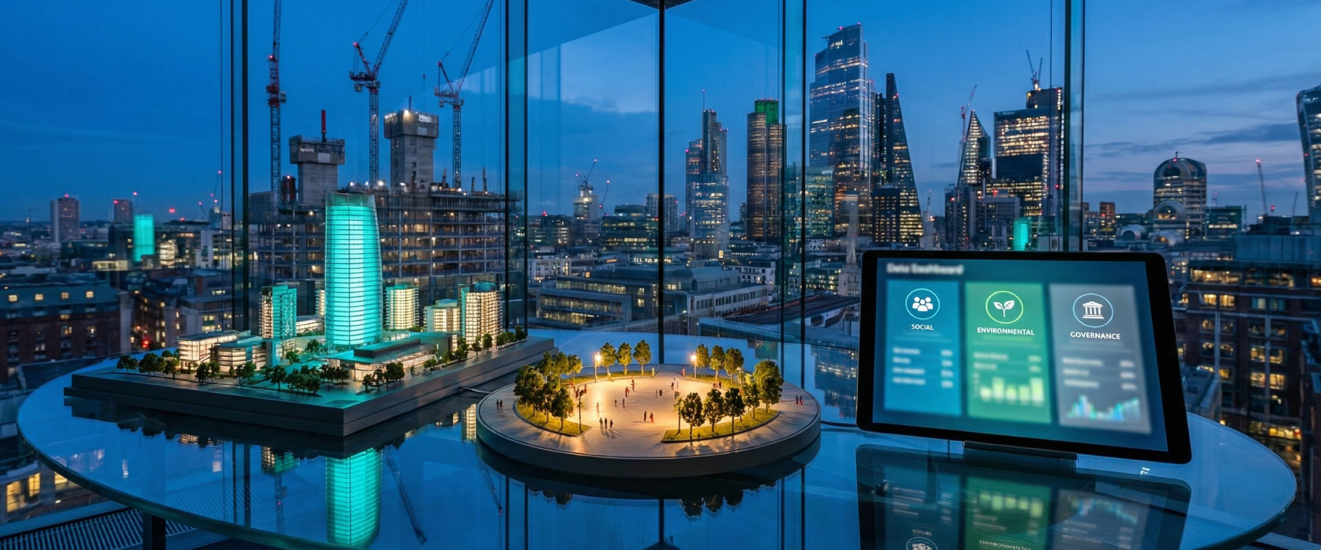 ESG project montage showing net zero models, community spaces and governance dashboards at blue hour