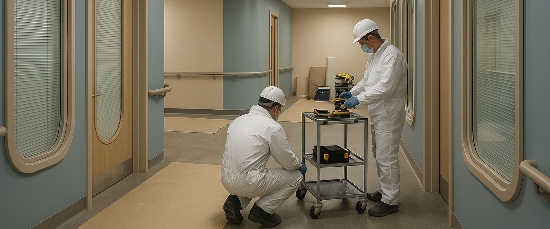 Healthcare delivery process with clean theatre works at blue hour, UCV canopy and IPS panel