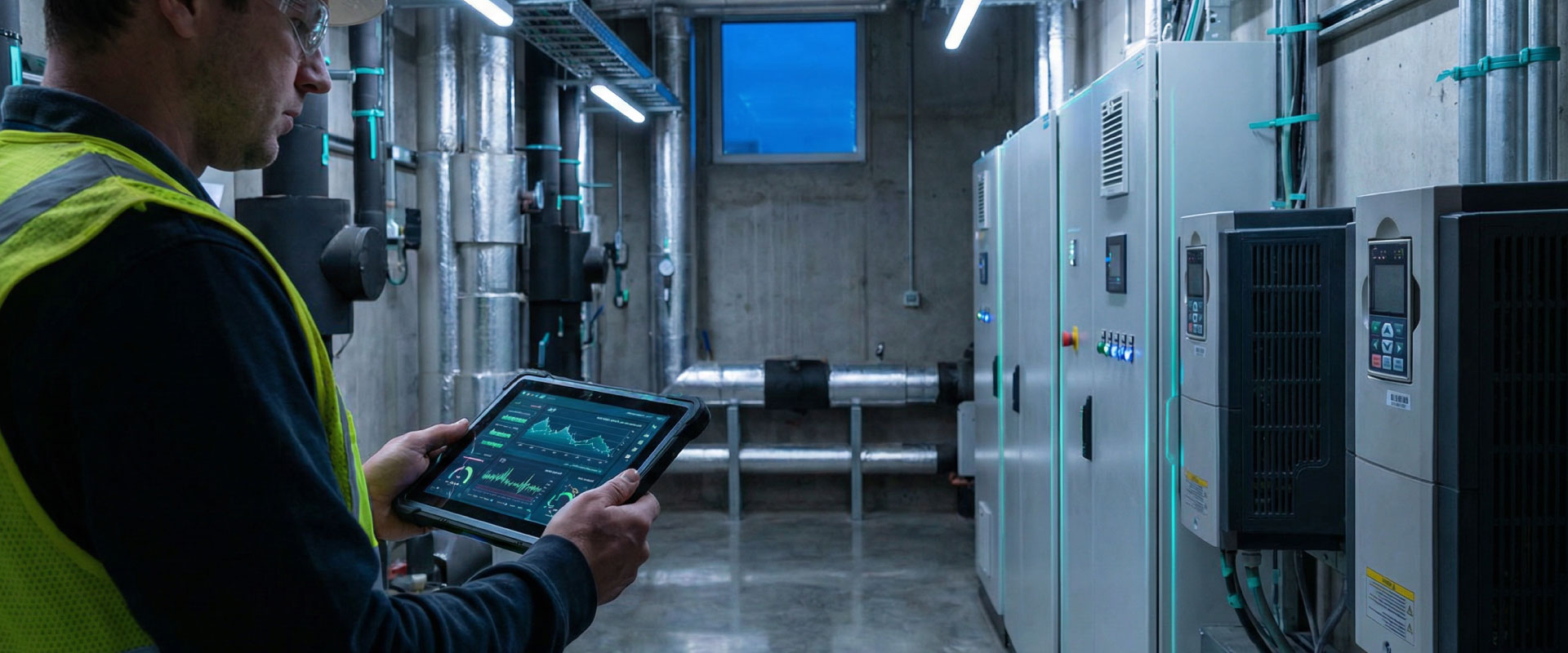 MEP delivery process with plant rooms, risers and services being installed at blue hour on a live site