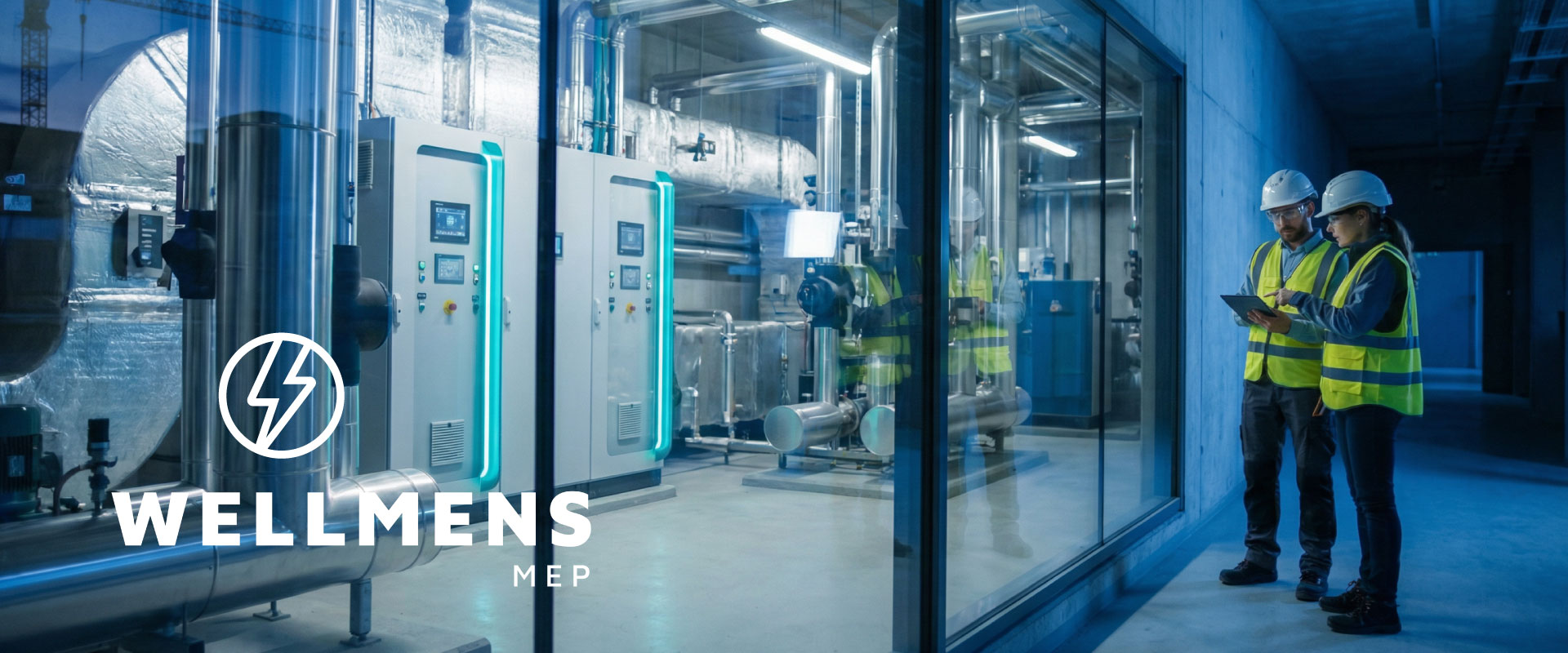 MEP project montage showing plant rooms, AHUs and control rooms at blue hour