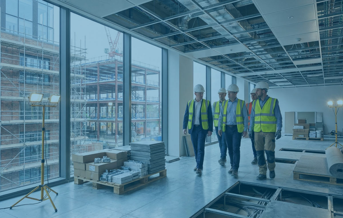Construction team walking through a part-finished office with a new extension and scaffolded elevation visible through the glazing