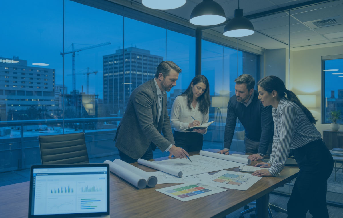 Consultants and client around a table with estate plans and dashboards, city and hospital skyline beyond the glass
