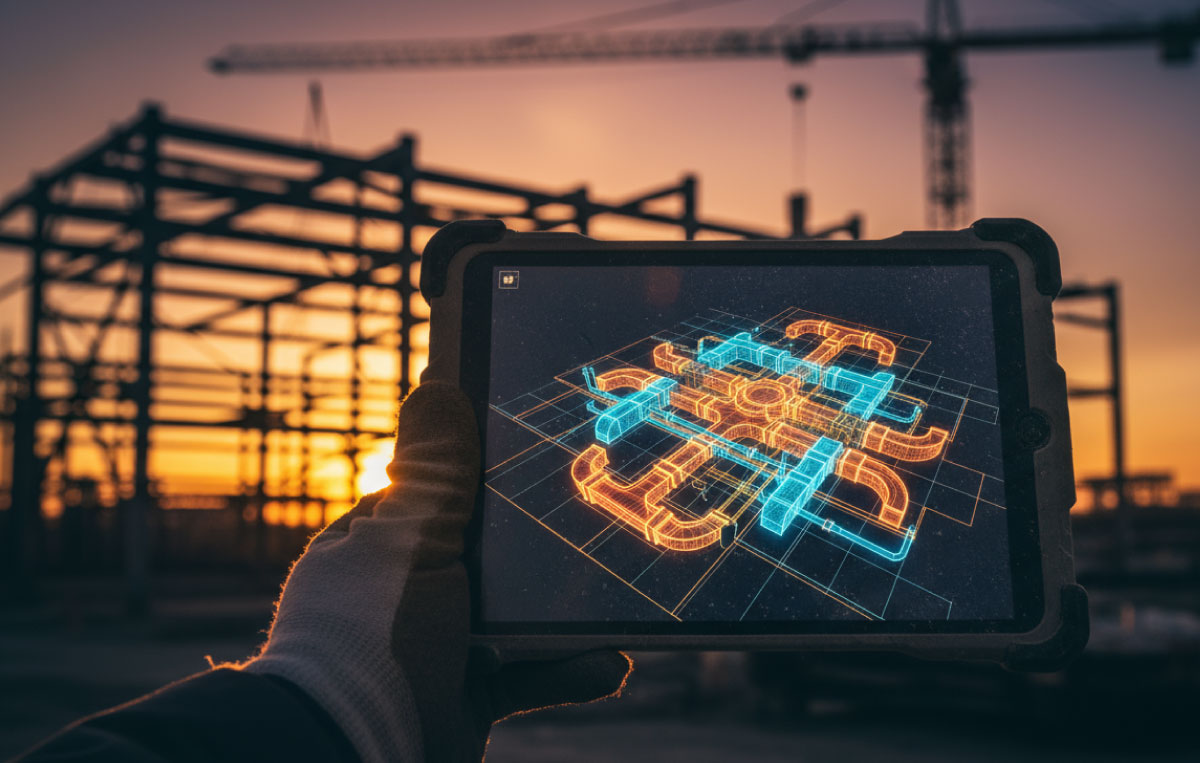 Modern civic building at night with secure perimeter and blue-lit façade