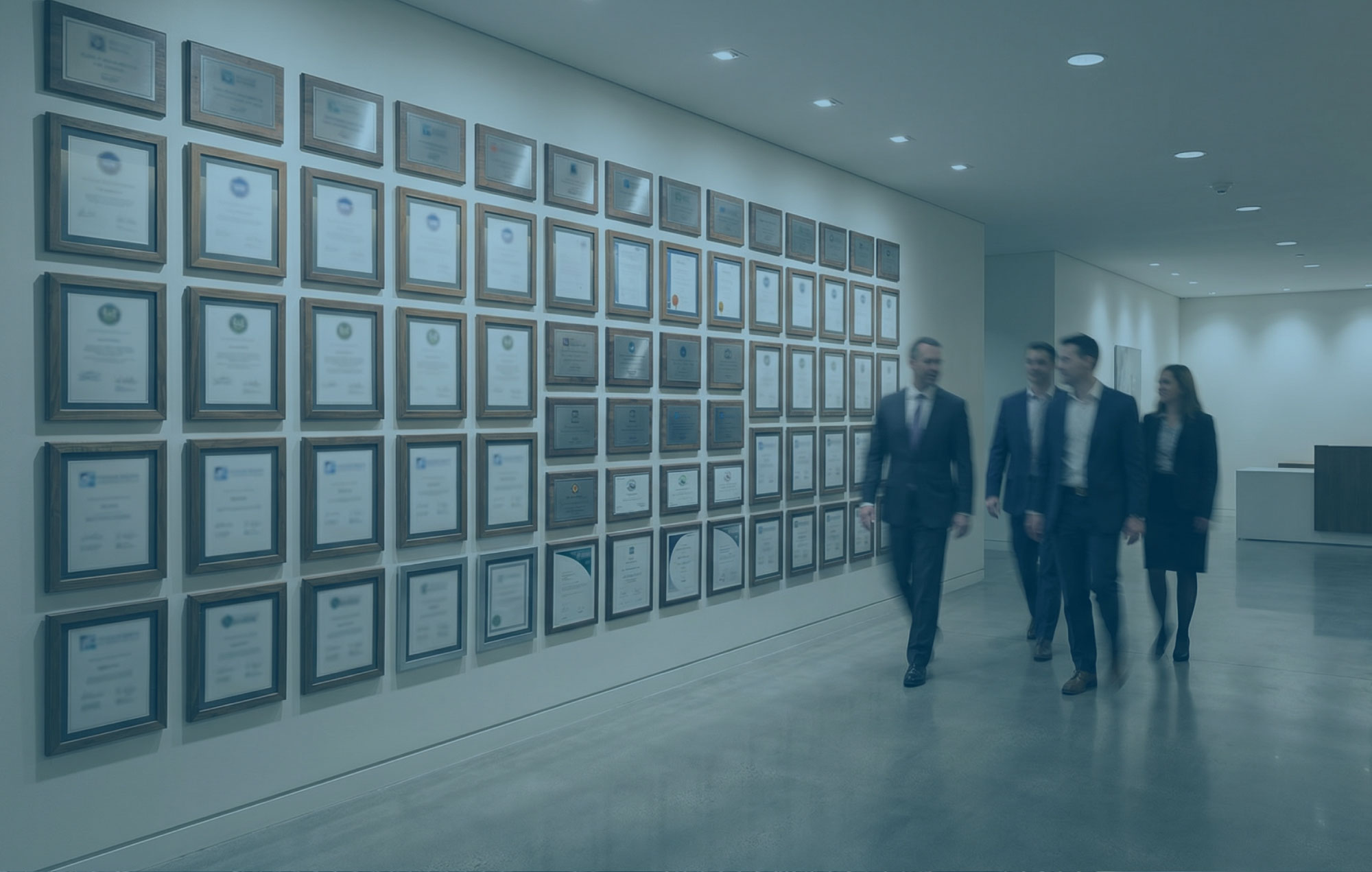 Wall of framed framework logos and certificates in a lobby with a blurred team walking past