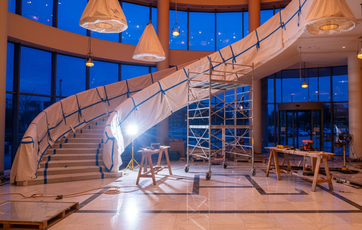 Contemporary hotel lobby with warm timber, blue accent lighting and polished stone floors