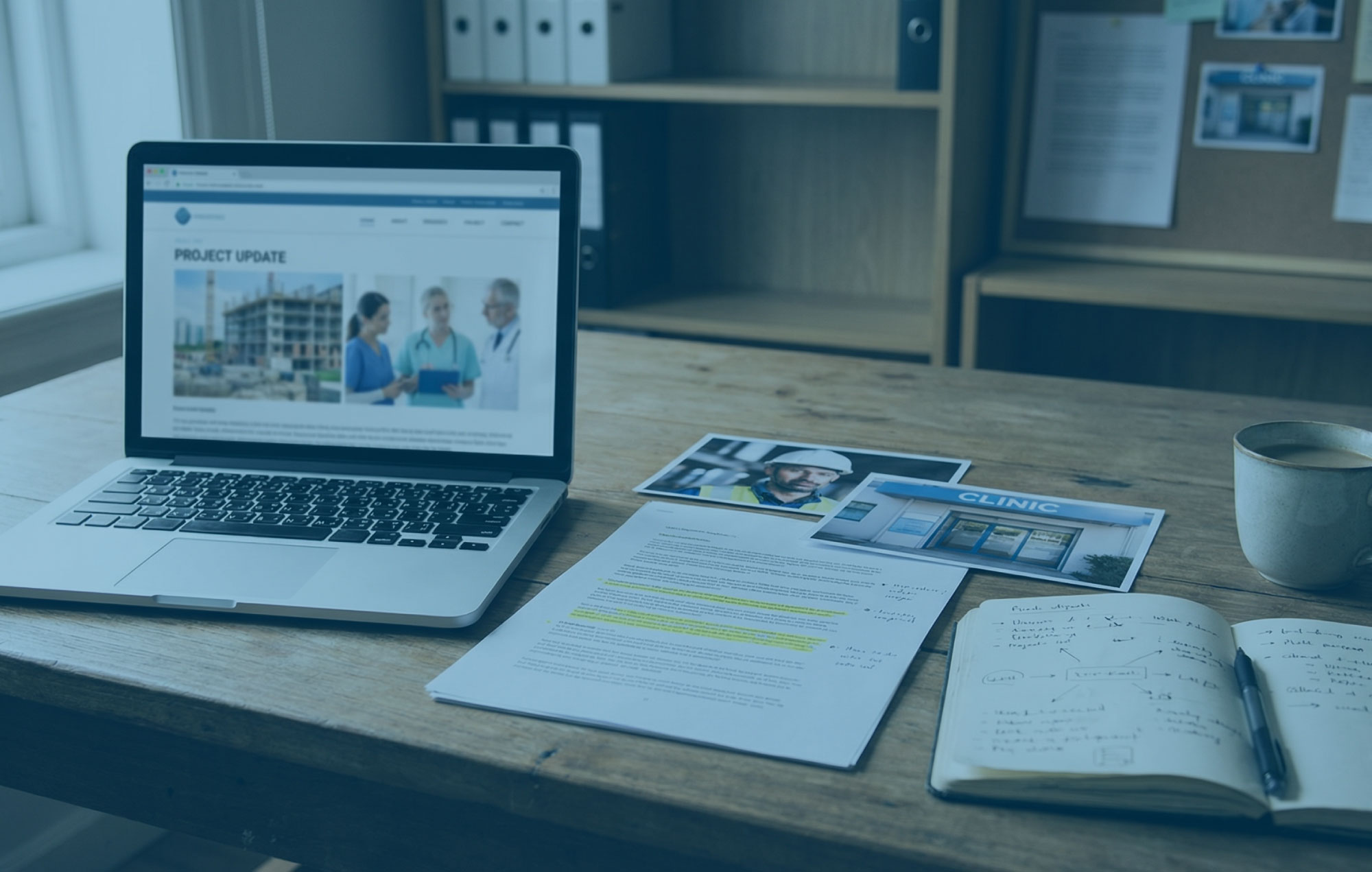 Open laptop and printed article on a table with project photography and hand written notes beside it