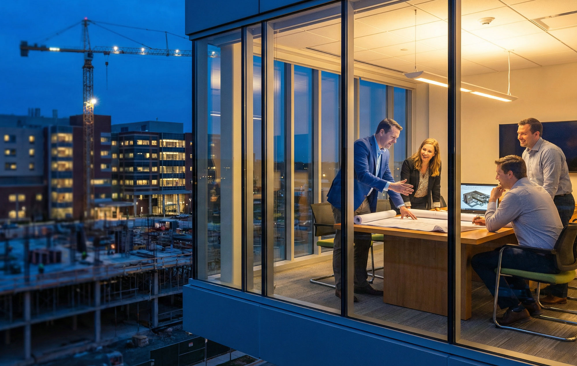 Leadership team in a glass meeting room reviewing plans with a live project visible through the window at blue hour