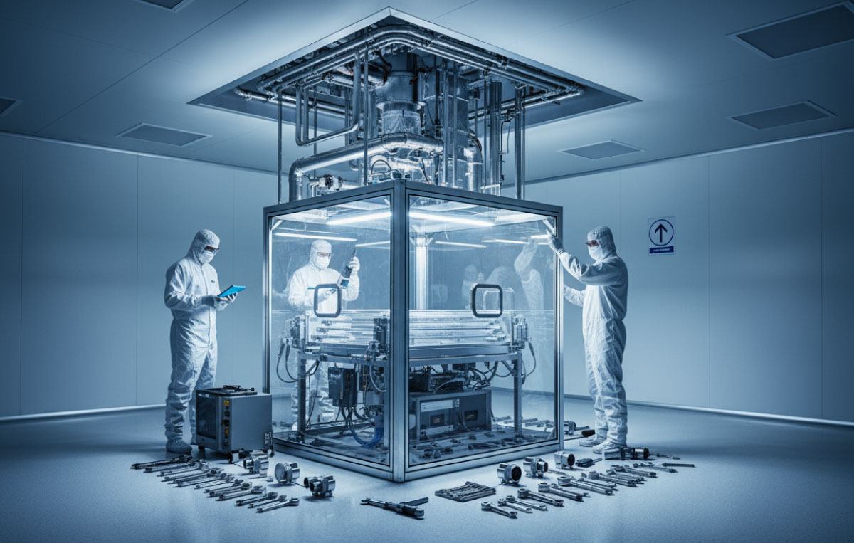 Clean laboratory with fume cupboards, stainless benches and cool blue clinical lighting