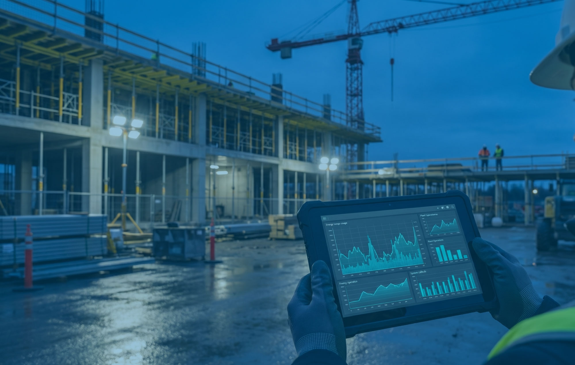 Engineer reviewing BMS trends on a tablet while standing in a tidy plant room with glowing status lights at blue hour