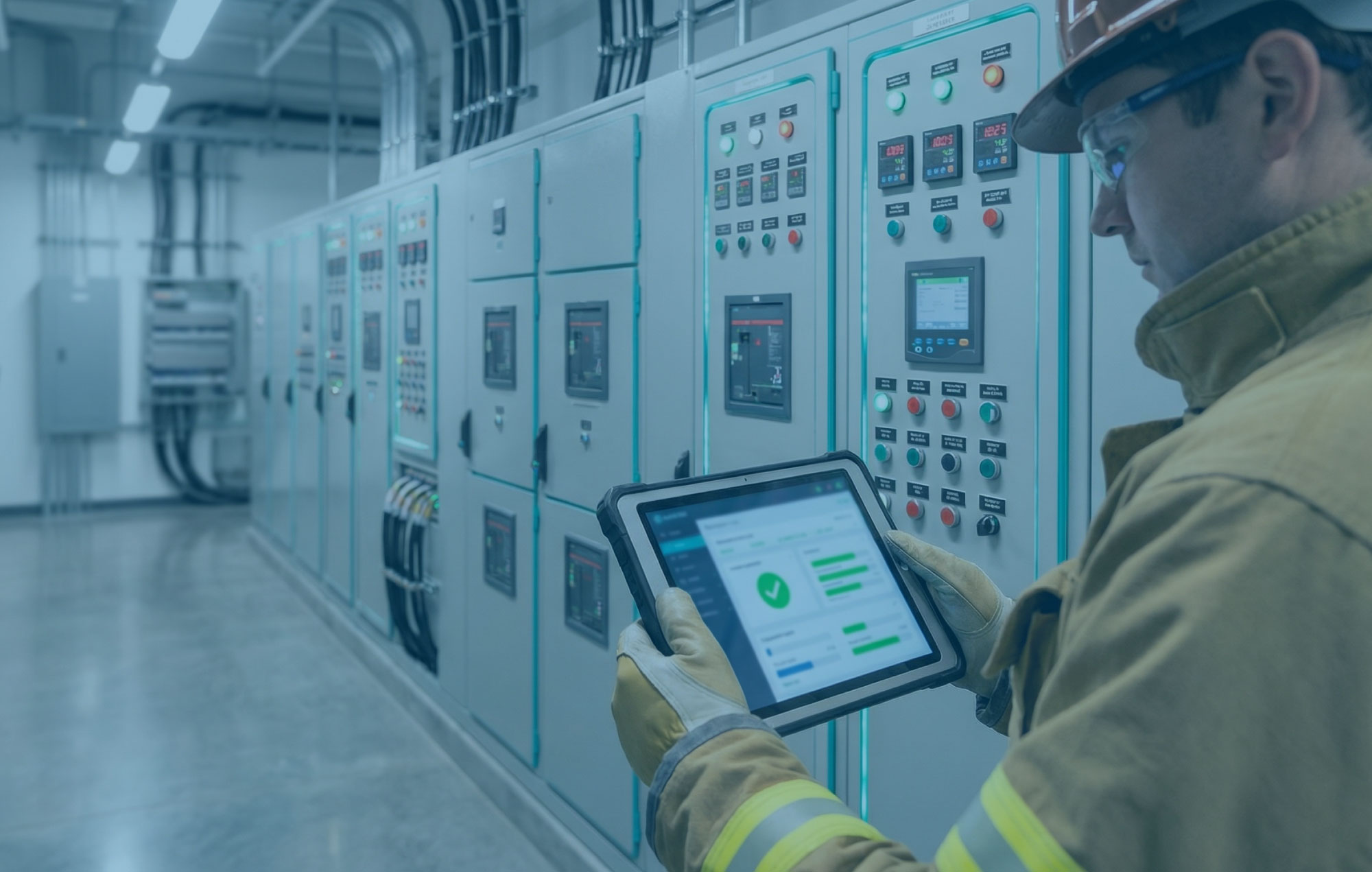 Engineer reviewing a digital compliance dashboard beside labelled switchgear and life safety panels in bright clinical light