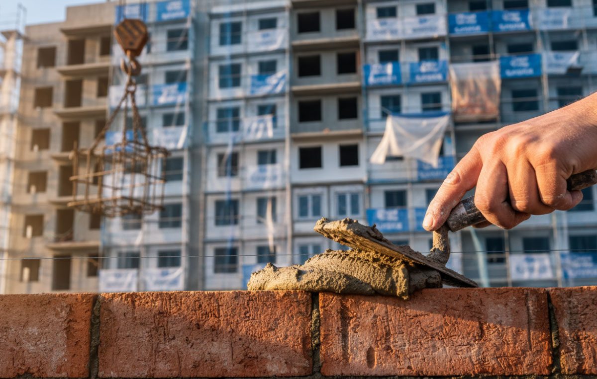 Contemporary residential block with balconies and evening blue sky