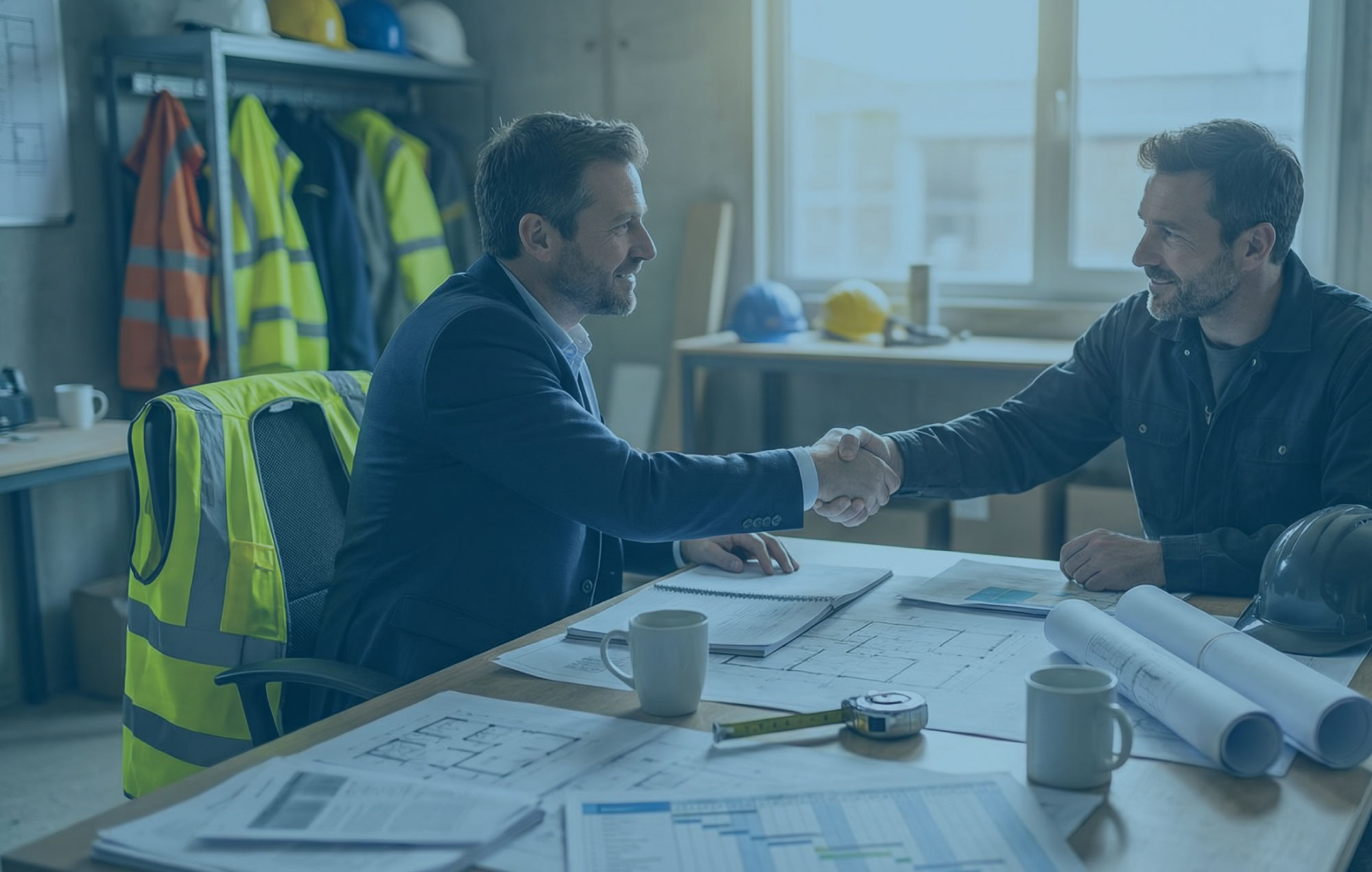 Contractor and supply chain partners shaking hands across a table with shared project documents and drawings