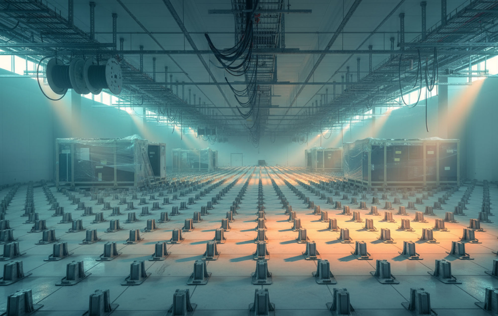 Airport terminal at night with sweeping roofline and blue accent lighting