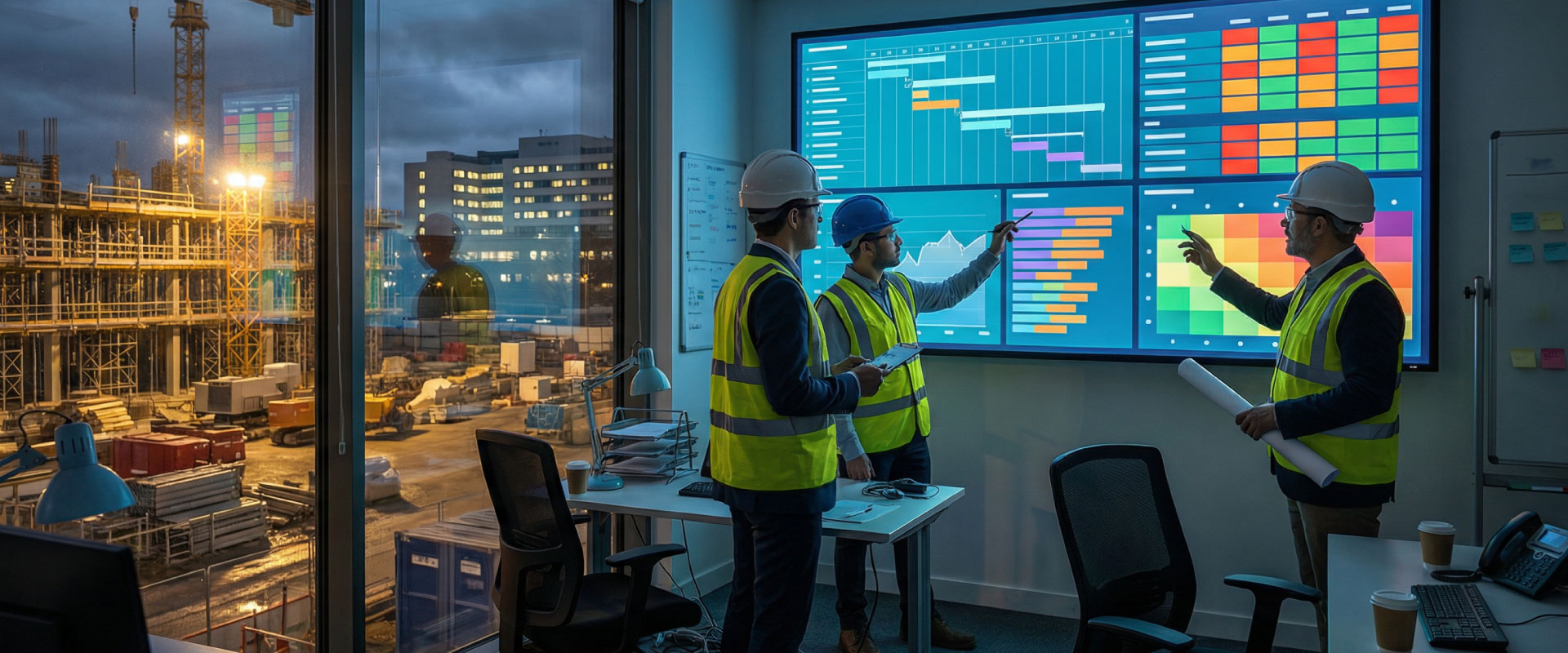 Programme and risk dashboard on a screen inside a site office with a live construction site visible through the window