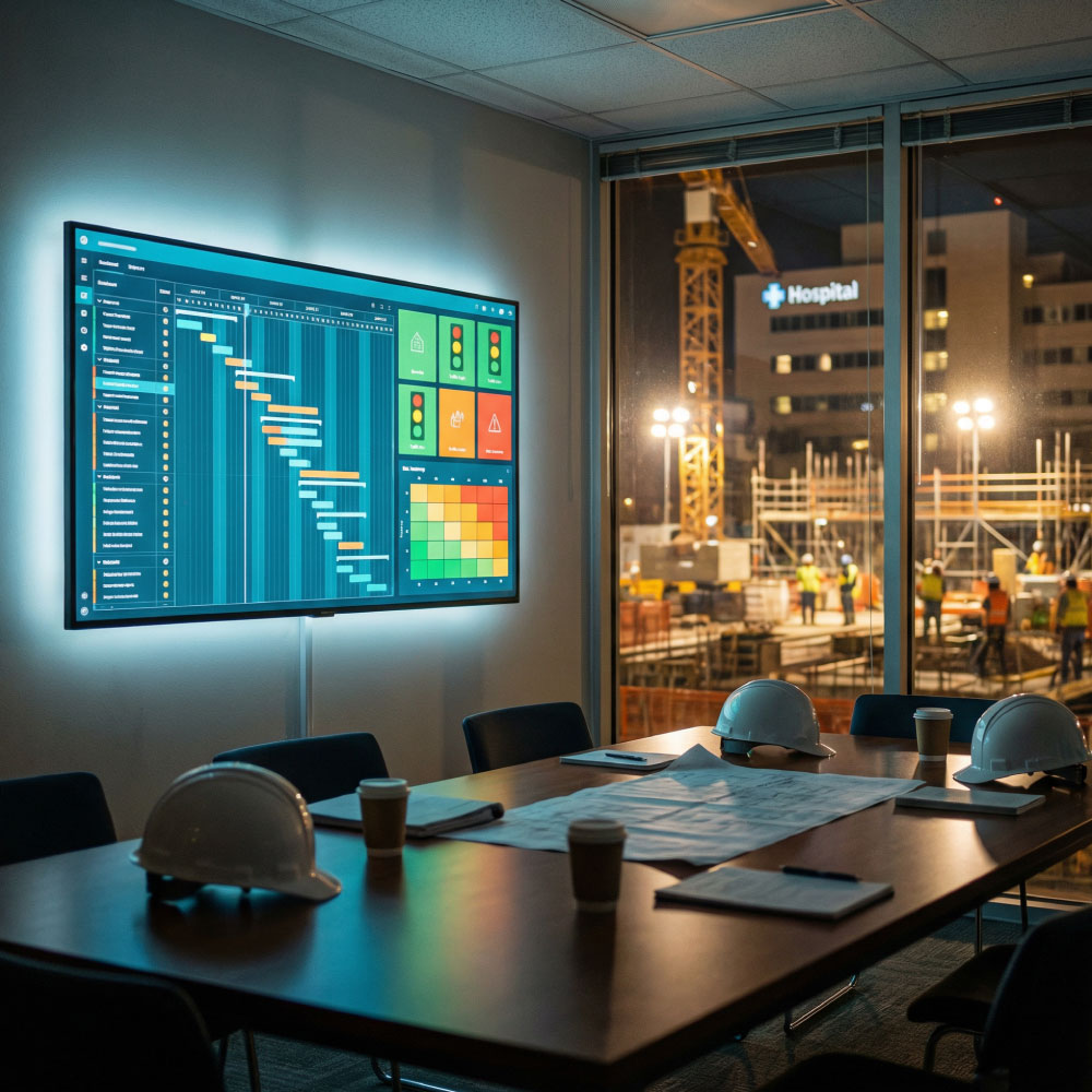 Square image of a glowing programme and risk dashboard screen with a live construction site beyond glass