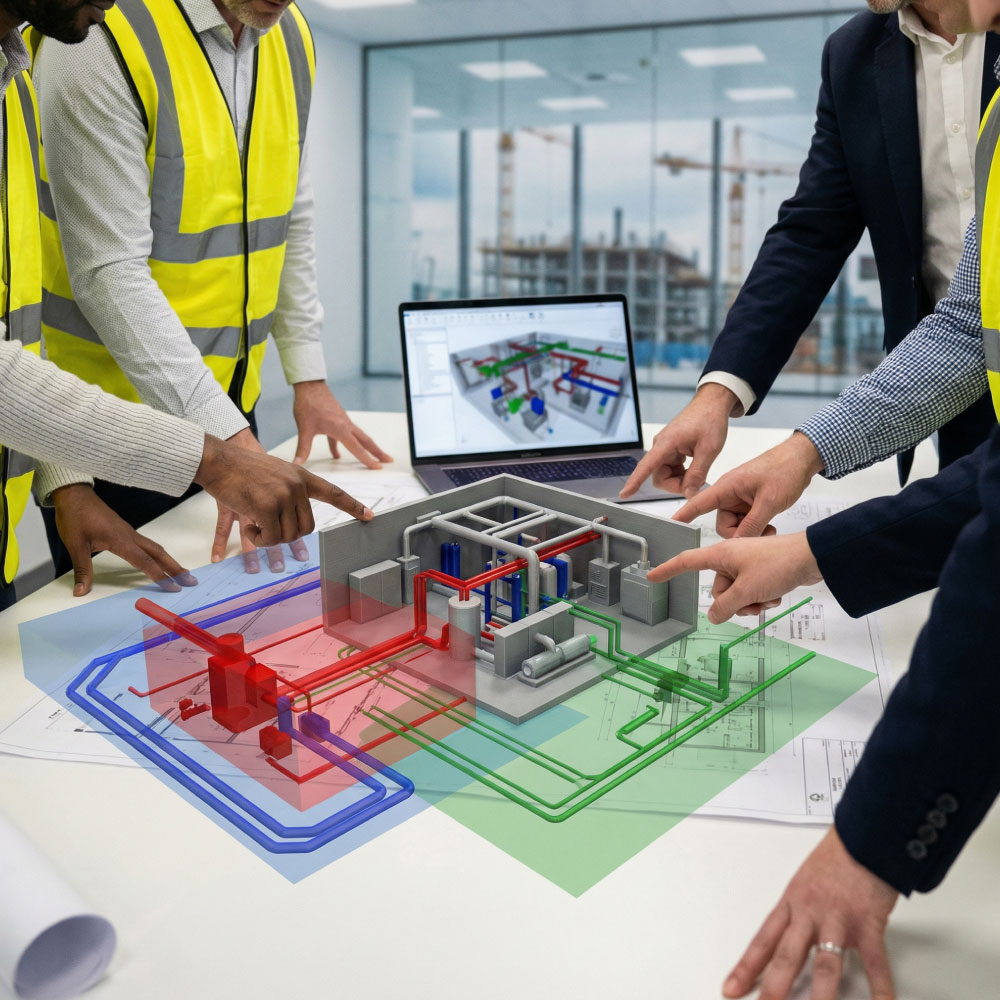Square image of a central project table with drawings, a 3D model and a laptop surrounded by construction and MEP leads