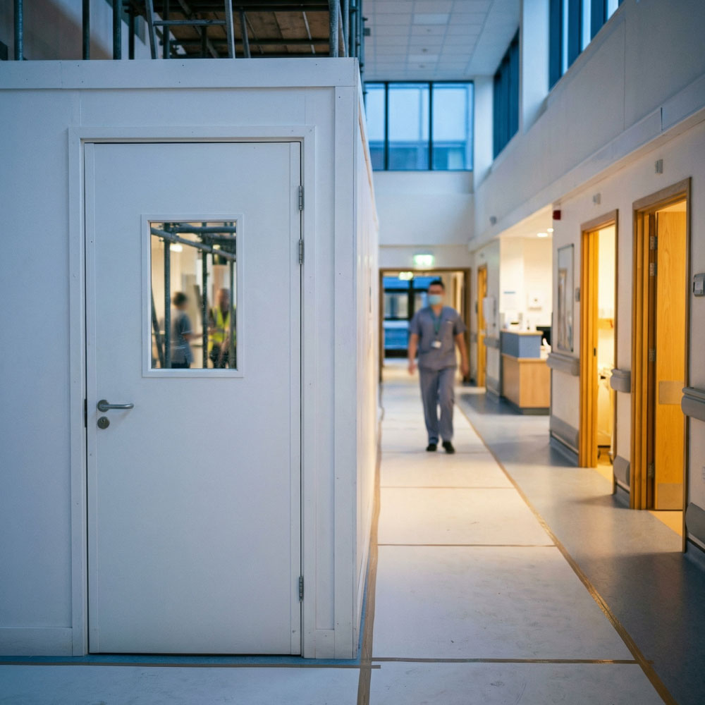 Square image showing a sealed work zone and clinical corridor in a live hospital at blue hour