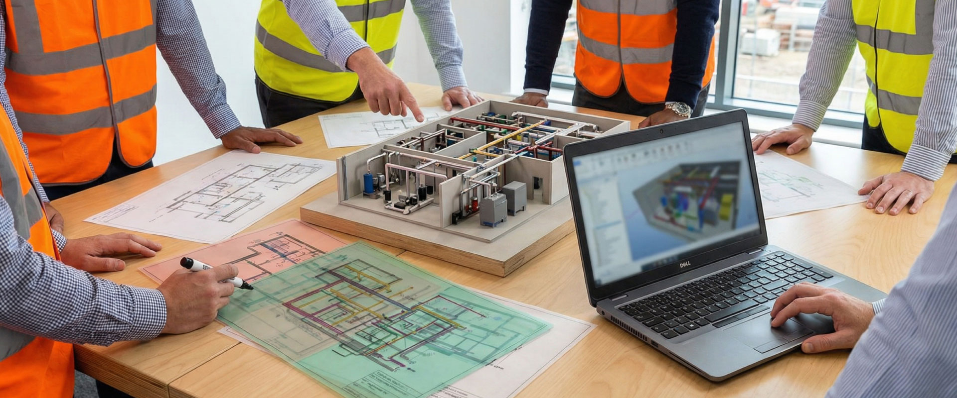 Central project table with drawings, a plant room model and a laptop surrounded by construction and MEP leads