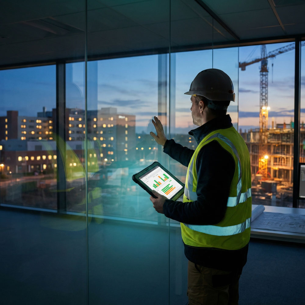 Wellmens project lead on a balcony reviewing programme and risk dashboards on a tablet while overlooking a live construction and hospital campus at dusk