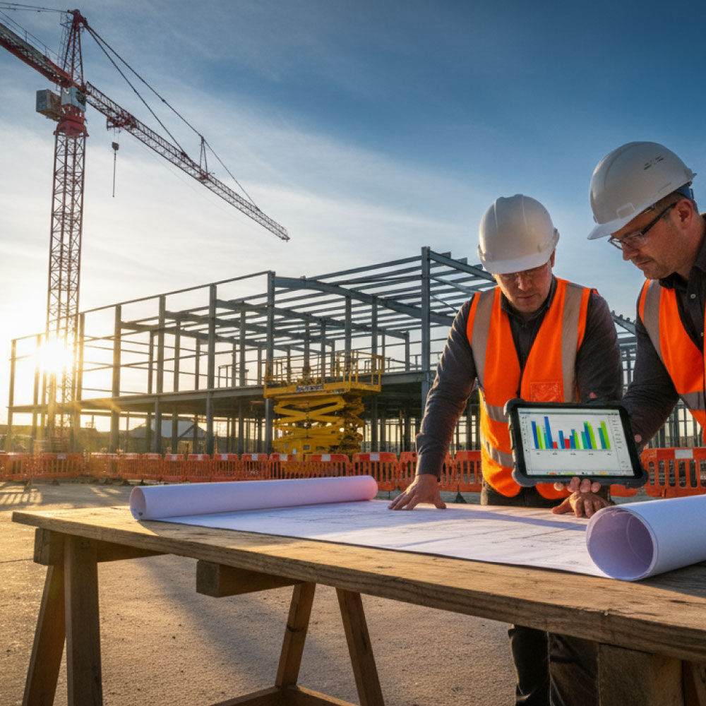 Project planners reviewing drawings on a live construction site at golden hour with cranes and steel frame