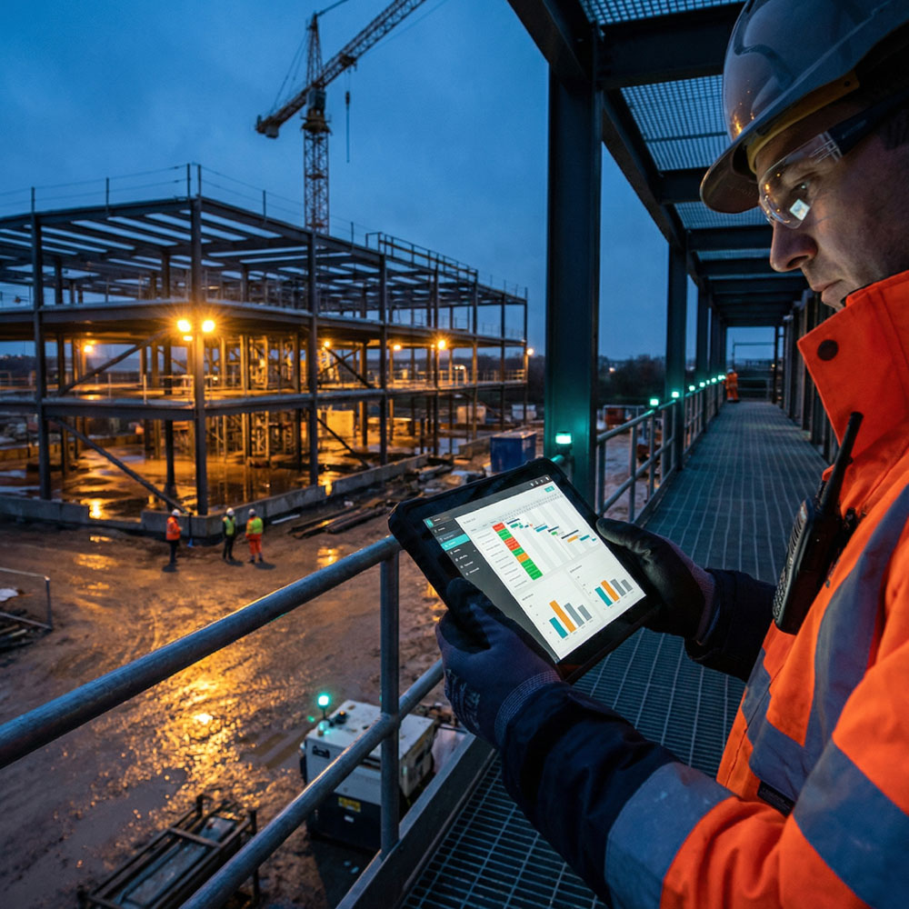 Consultant reviewing programme and risk dashboards on a tablet while overlooking a live construction site at blue hour