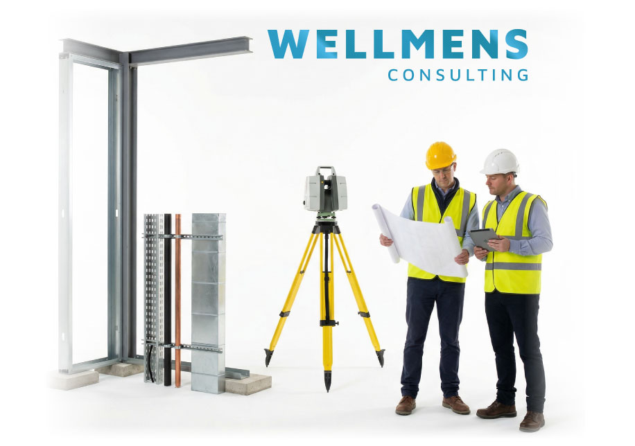 Studio cut out showing consultants with drawings and a tablet beside a steel frame corner, services riser mock up and survey tripod on a clean white background