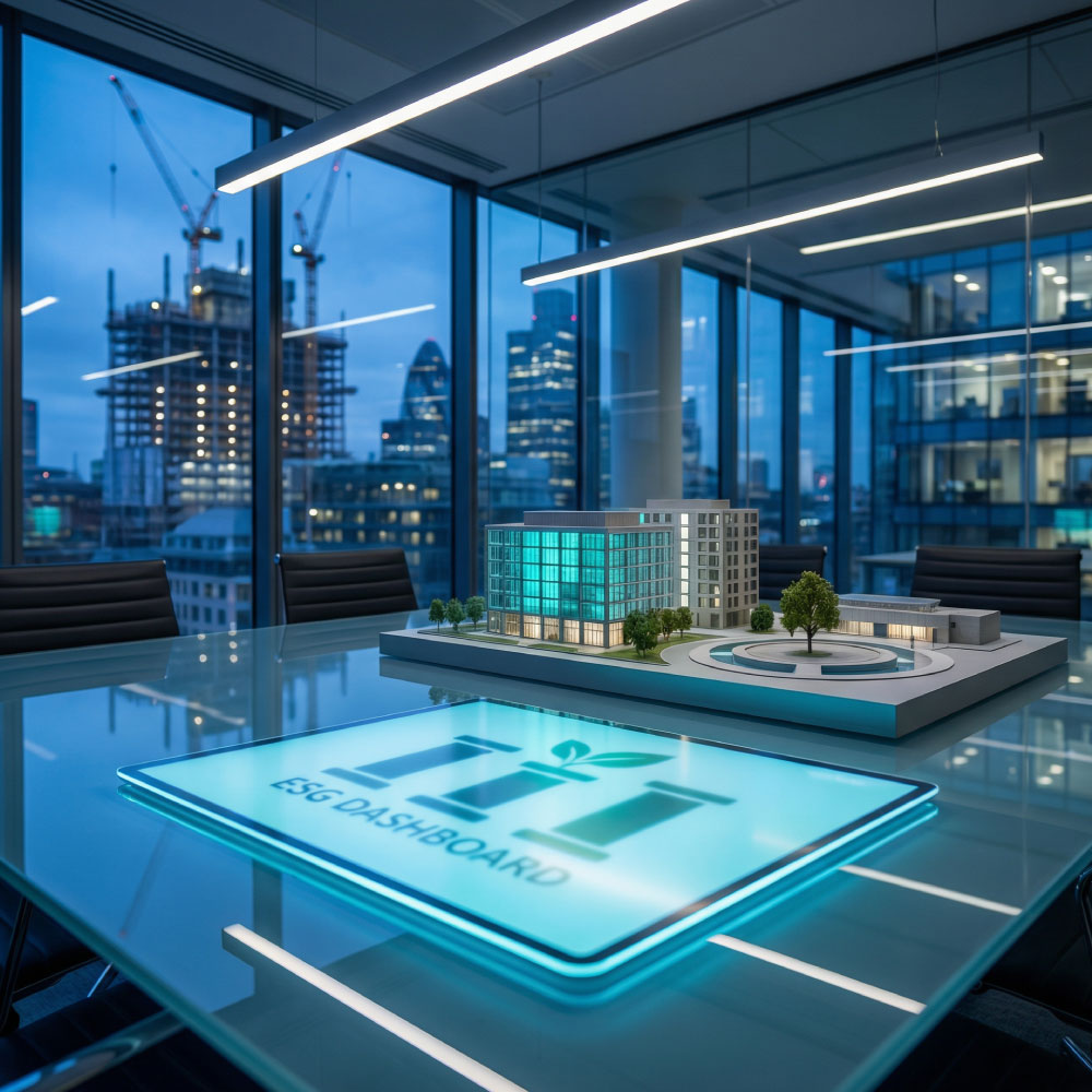 ESG lead reviewing a three pillar dashboard on a tablet while overlooking a lit campus of buildings and a construction site at blue hour