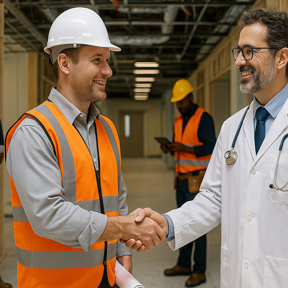 Coordinator checking a commissioning plan in a clean theatre with UCV canopy and IPS panel at blue hour