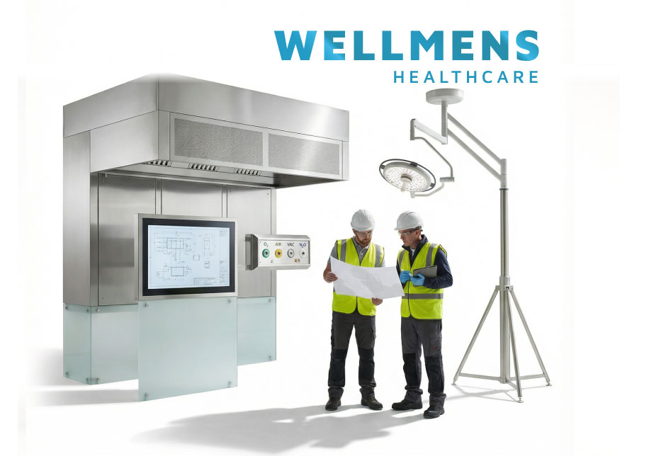 Studio cut out showing a UCV canopy section with IPS panel and medical gas manifold plus two PPE engineers reviewing plans under a theatre light