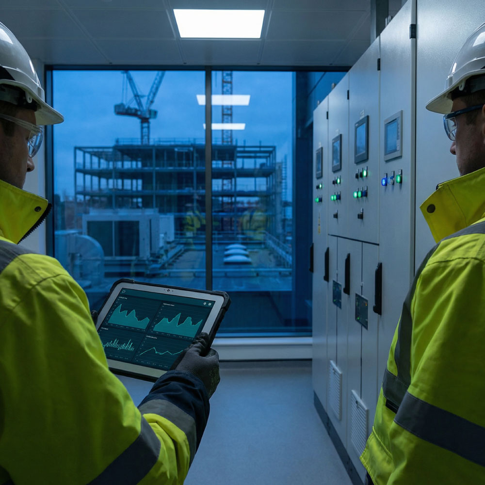 Coordinator checking MEP commissioning plans in a clean clinical space at blue hour with services live around them