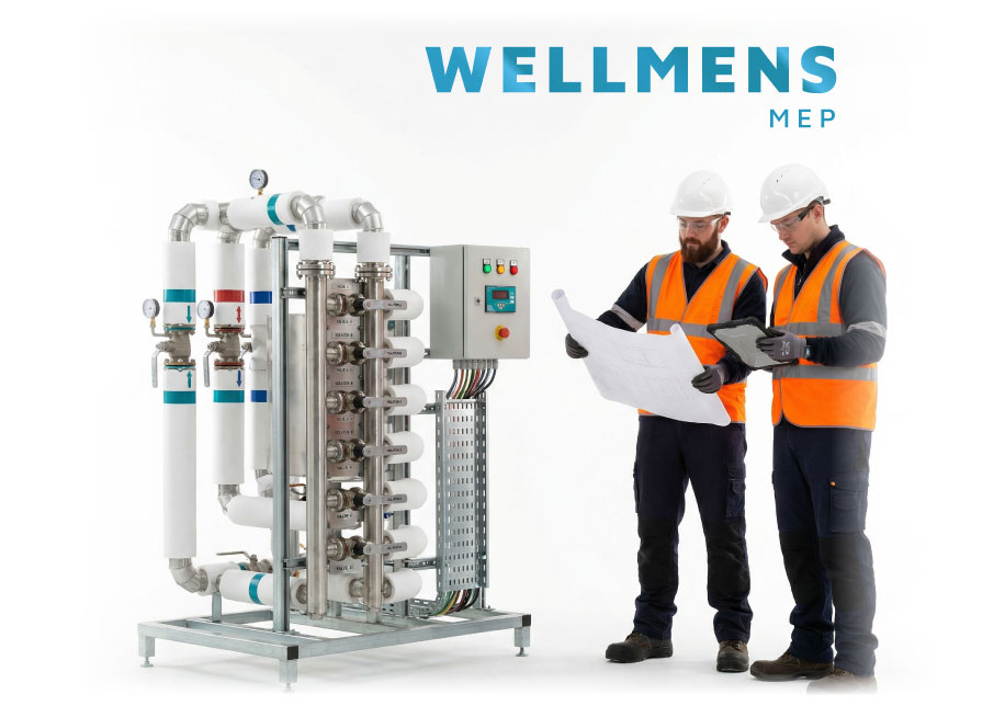 Studio cut out showing a compact plant room skid with insulated pipework, IPS panel, valves and two PPE engineers reviewing a tablet on a clean white background