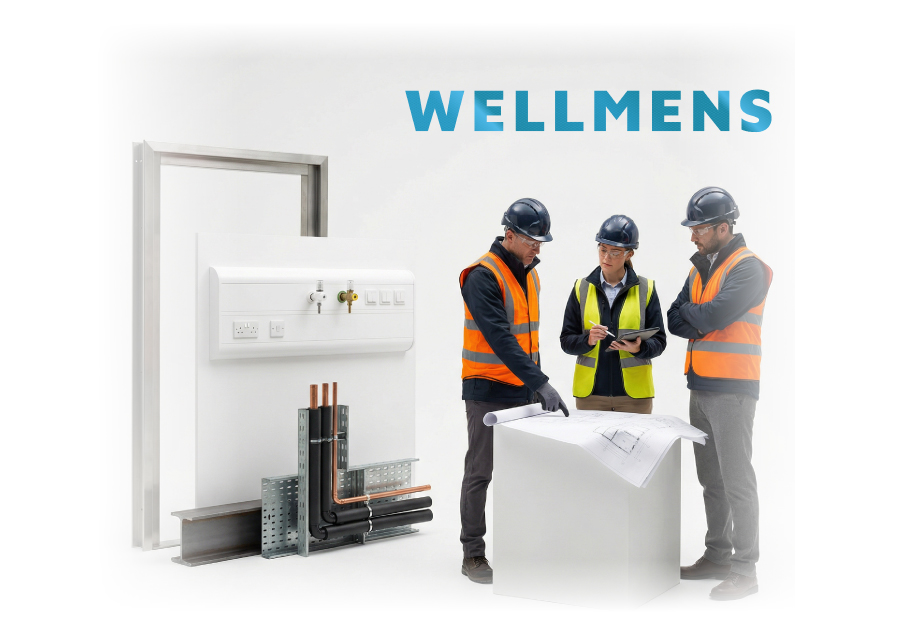 Studio cut out showing the Wellmens W emblem surrounded by four photographic tiles for Construction, Healthcare, MEP and Consultancy on a clean white background