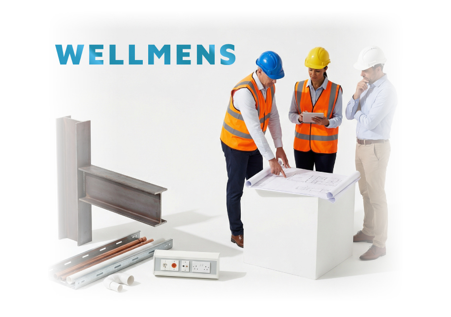 Studio cut out showing the Wellmens W emblem surrounded by four service icons for Construction, Healthcare, MEP and Consultancy on a clean white background