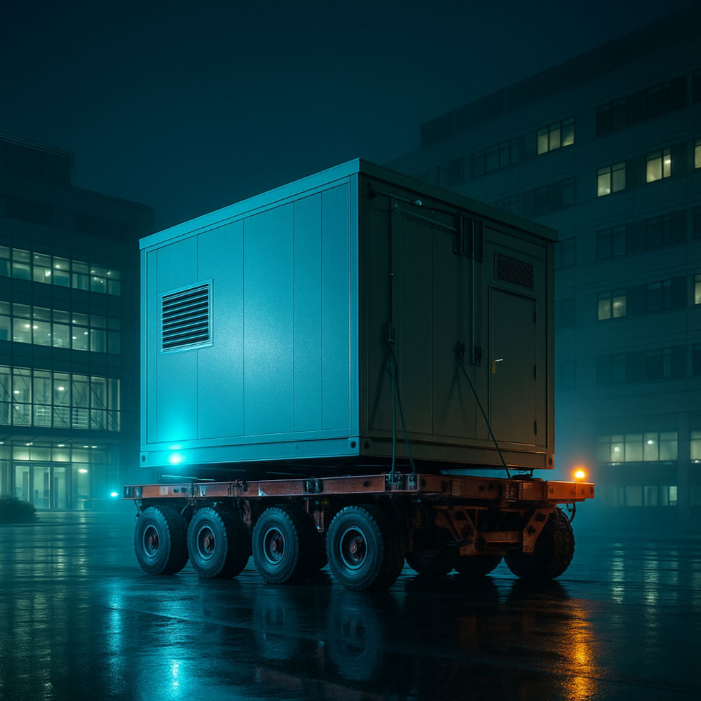 Prefabricated clinical module lifted by tower crane at dawn during hospital expansion