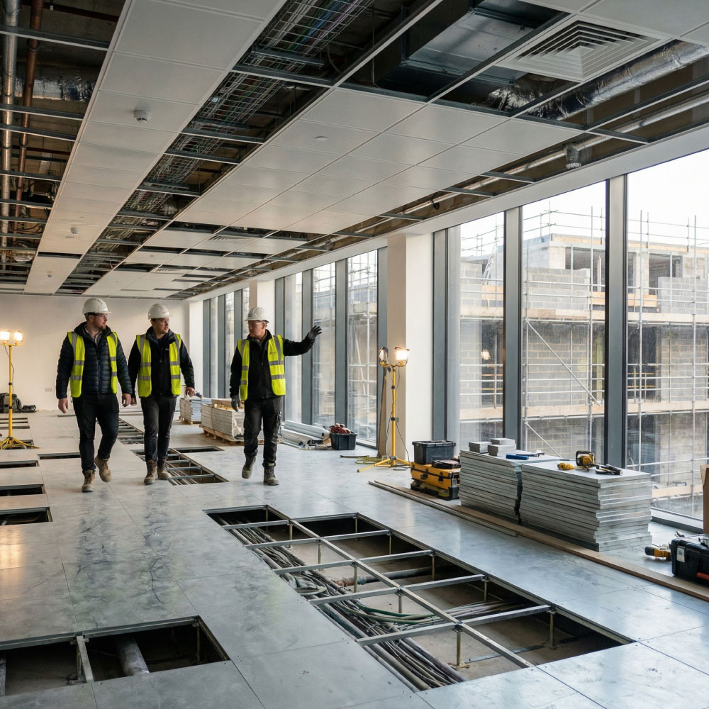 Construction team in PPE walking through a part-finished office floor with views of an external extension through the glazing