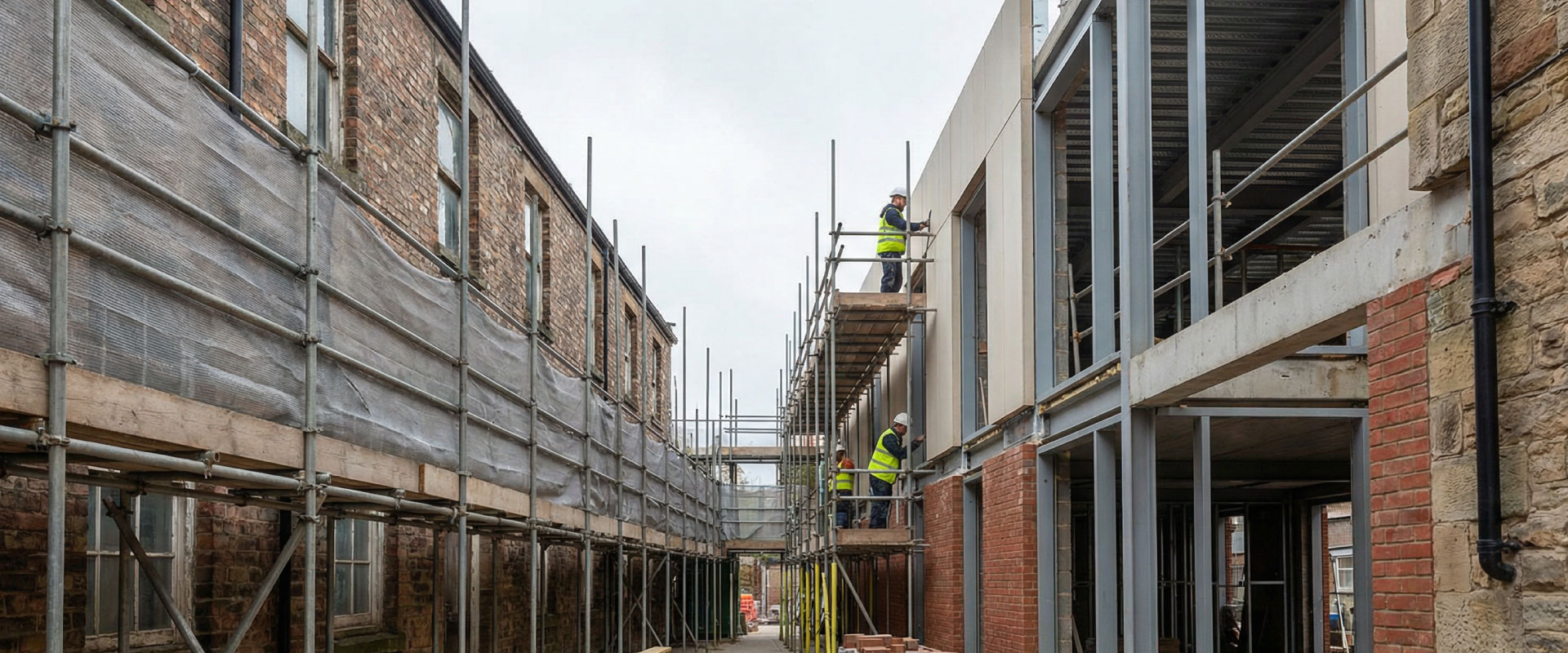 View along an external scaffolded elevation showing a new extension tying into an existing building under tidy construction