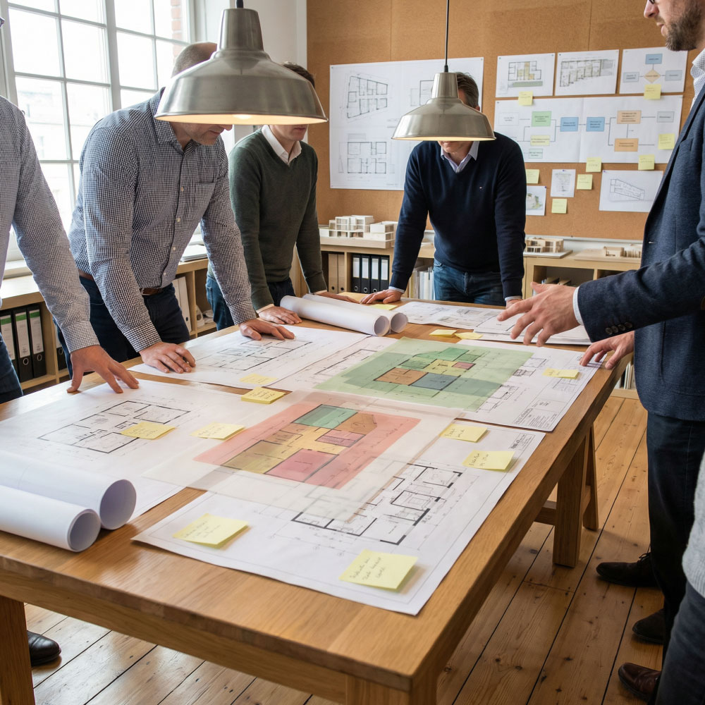 Workshop scene with consultants and client around a table covered in estate plans, coloured phasing diagrams and sticky notes