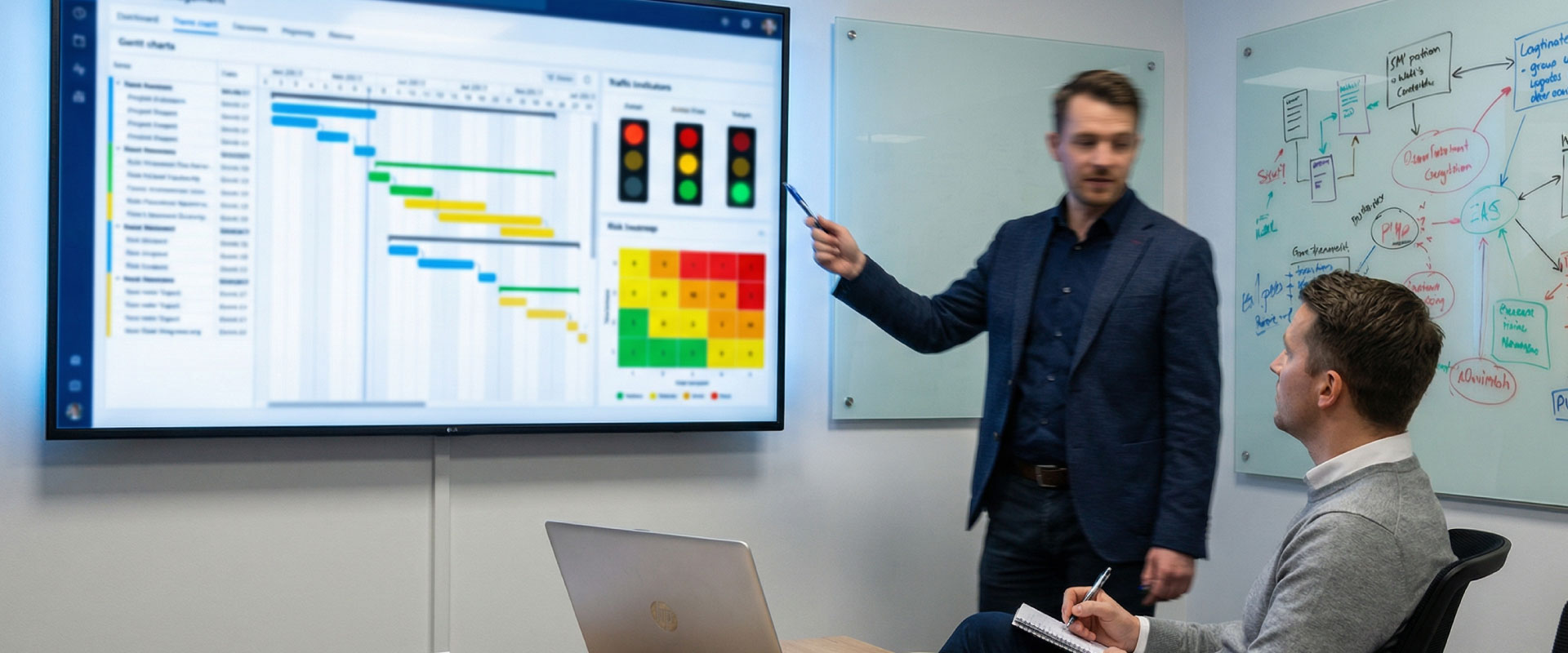Project room with a large screen showing a blurred programme dashboard and a whiteboard of key risks and milestones