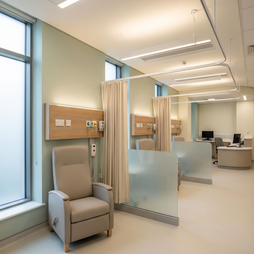 Freshly completed ward or day case bay with natural light, integrated services and soft finishes ready for clinical use