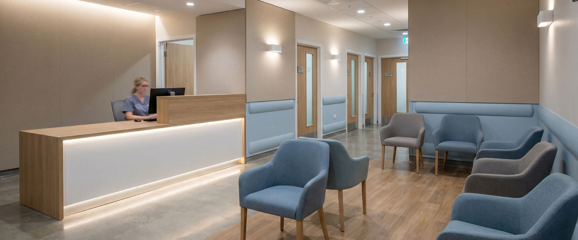 Healthcare clinic or diagnostics reception and waiting space with clear routes and integrated reception desk