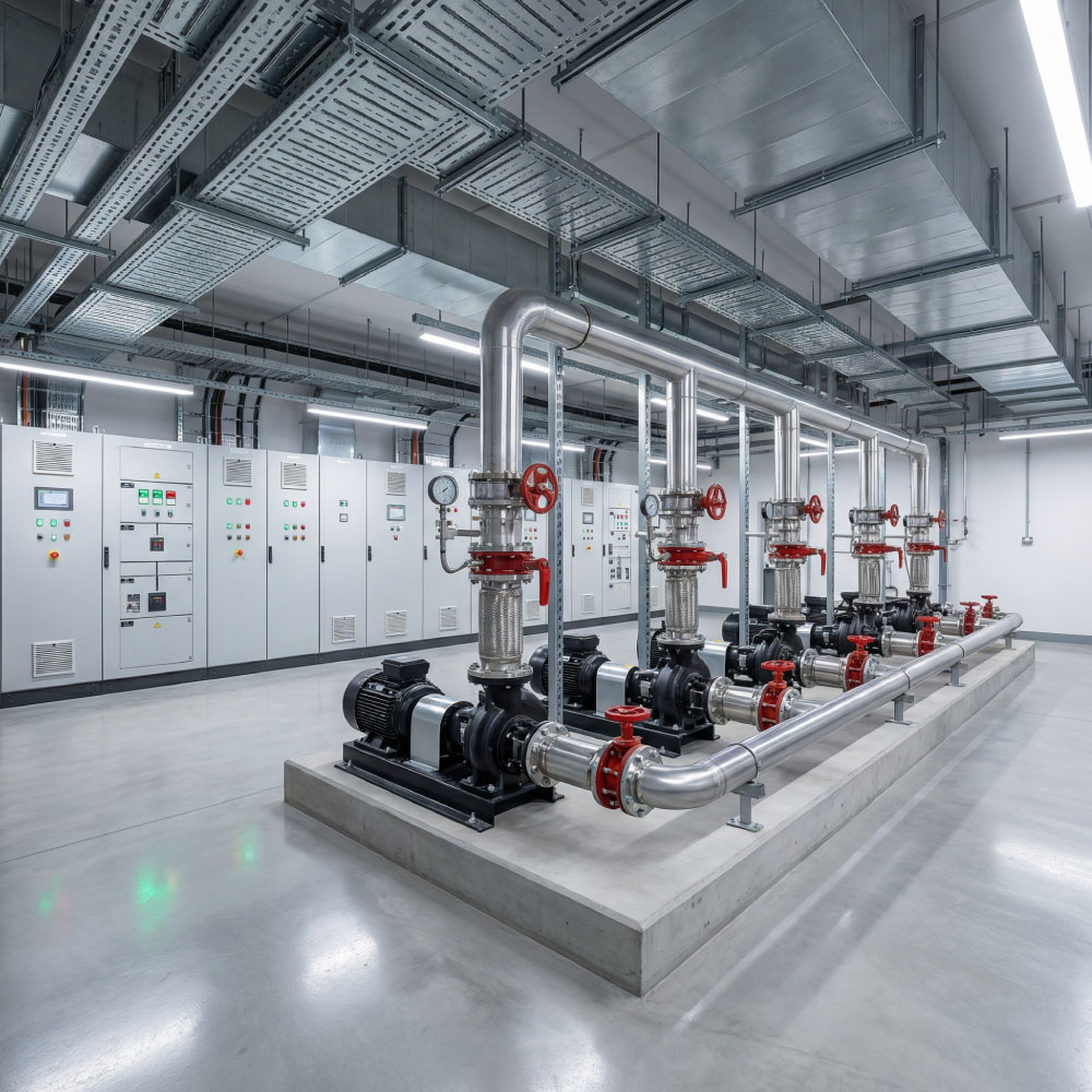 Modern MEP plant room with new pumps, stainless steel pipework and labelled panels under bright LED lighting