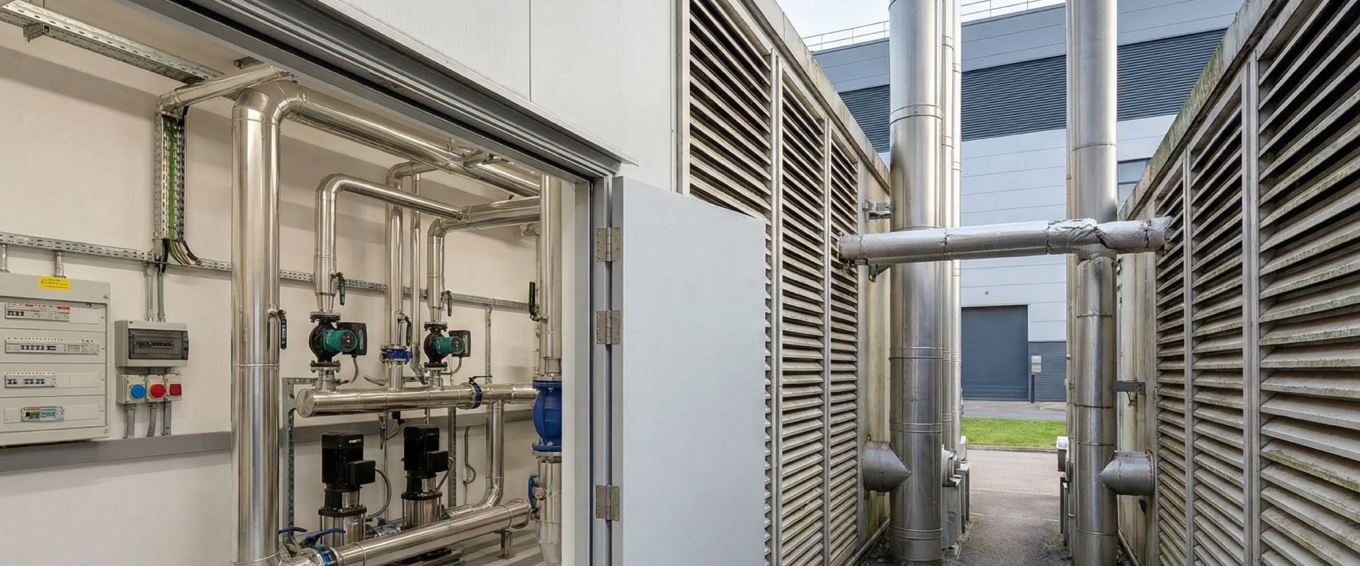 External view of a compact energy centre or plant enclosure with flues and louvres serving a wider estate