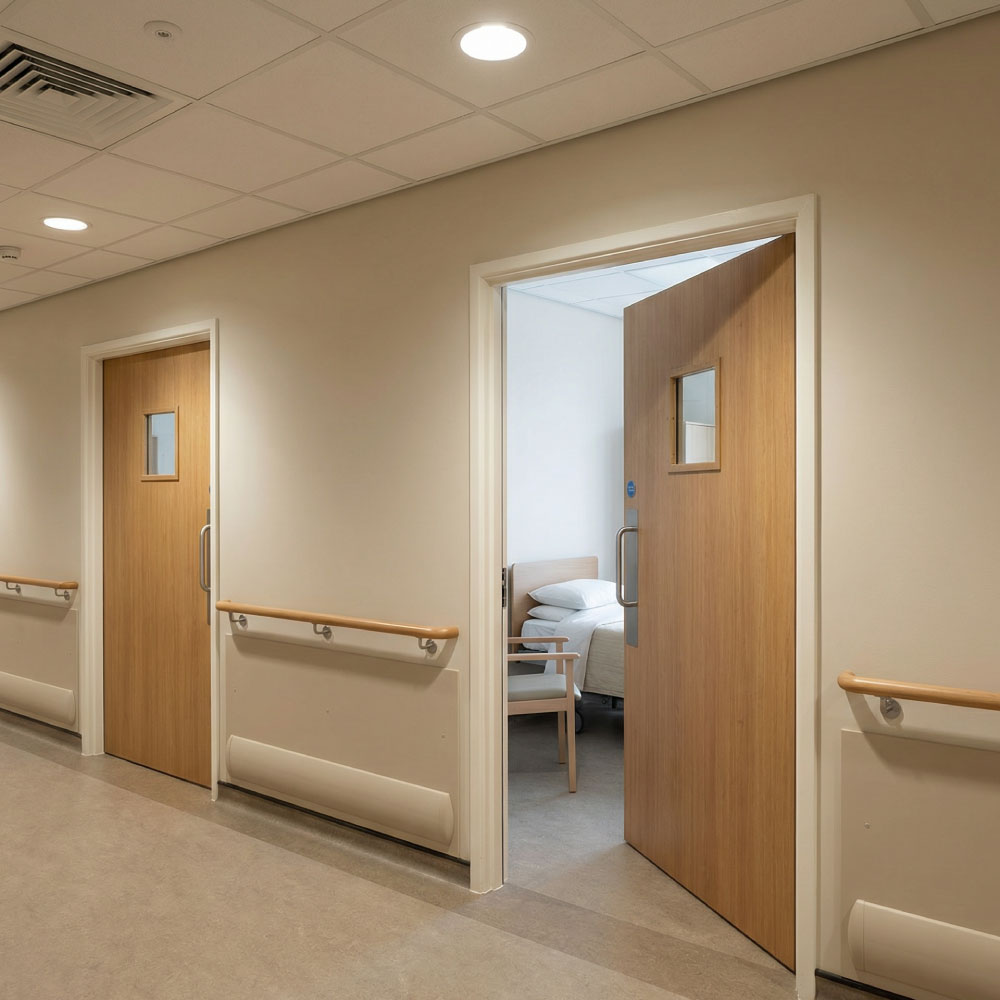 Mental health corridor with anti ligature doors, vision panels and calm finishes in soft clinical light