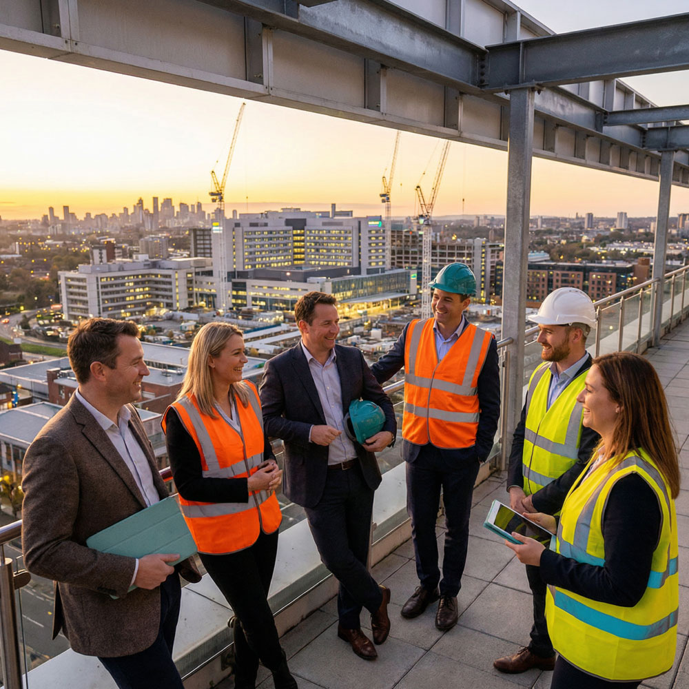 Group of Wellmens colleagues in PPE and casual wear on a rooftop walkway overlooking a city at sunset, talking and smiling together