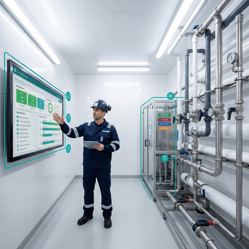 Compliance lead reviewing digital QA dashboards beside clinical plant and labelled valves in bright white light